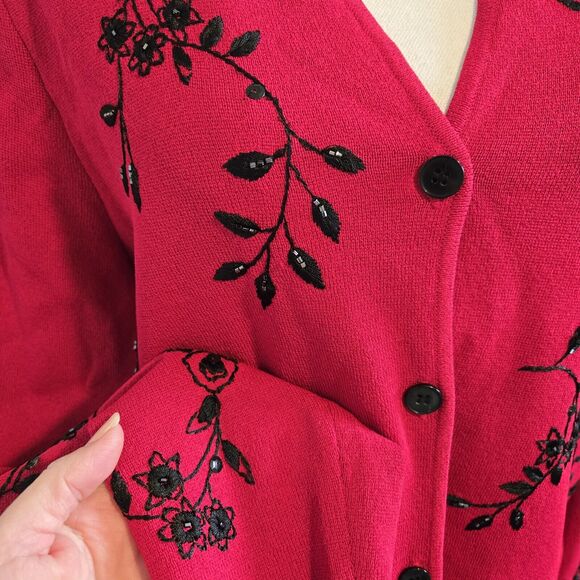 Jones New York Cardigan Embroidered Sequins Red Cherry 2x Elegant Casual - Picture 3 of 9
